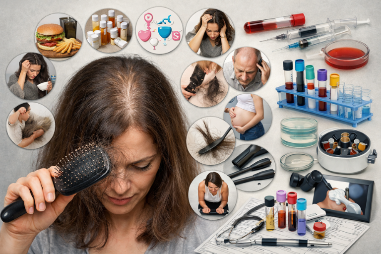 تساقط الشعر: 12 سبب شائع + التحاليل المهمة قبل أي علاج